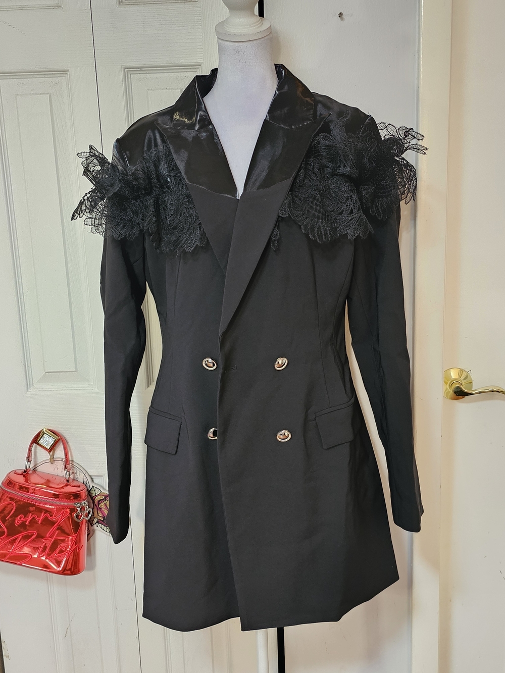 Fashion Nova Black Satin Lapel Double-Breasted Blazer with Lace Trim